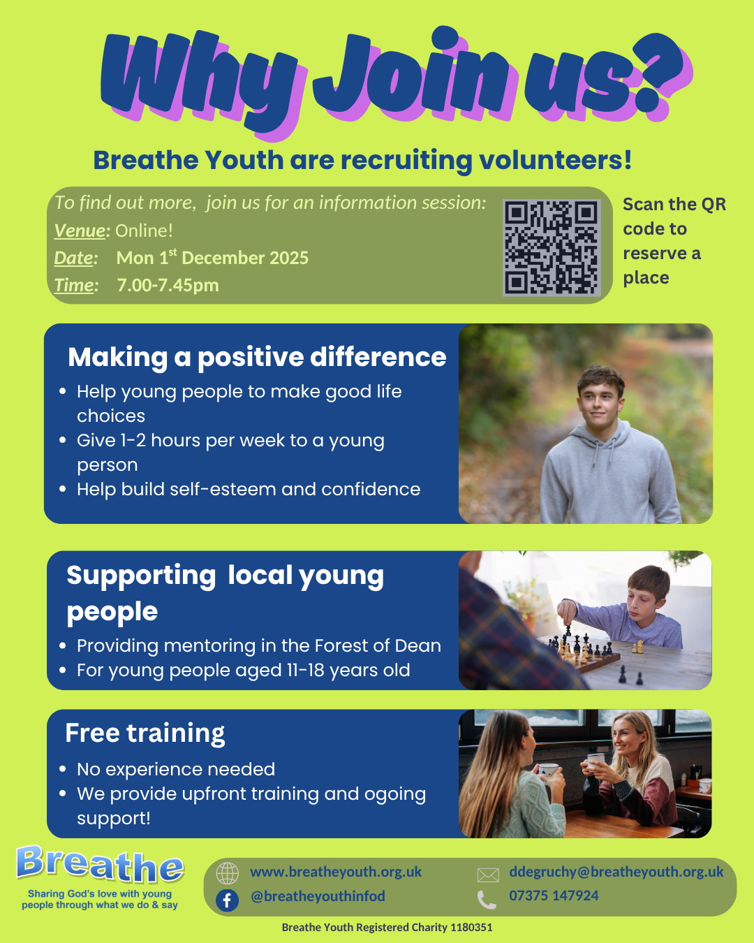Breathe Youth recruiting volunteers. 1/12/25 7pm-7.45pm. Visit - www.breatheyouth.org.uk or phone 07375147924 